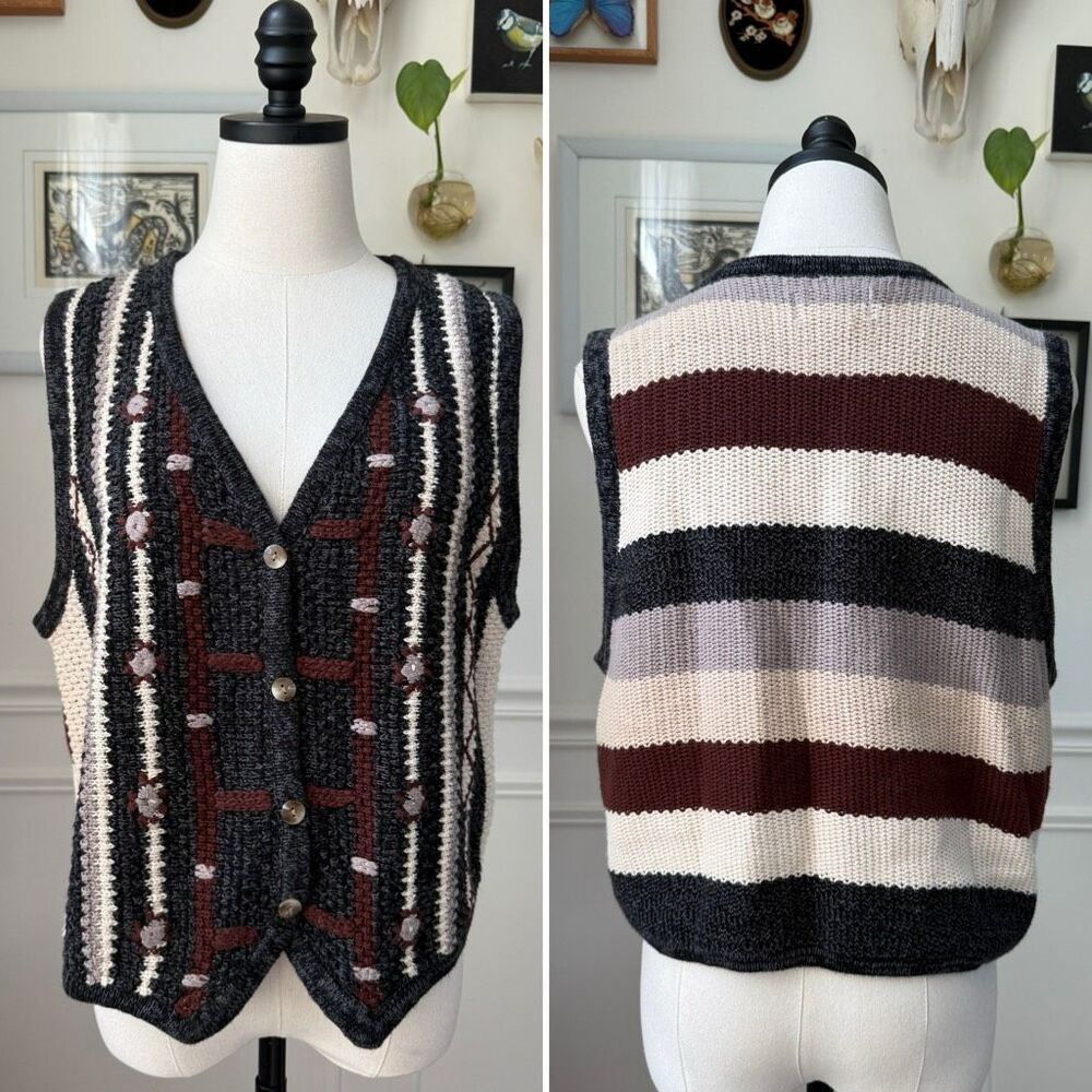 Vintage 90s Button Front Sweater Vest Grey Brown Grey L
